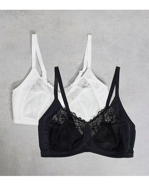 Simply Be 2 pack Eva non wired bras with mesh and lace detail in black white-