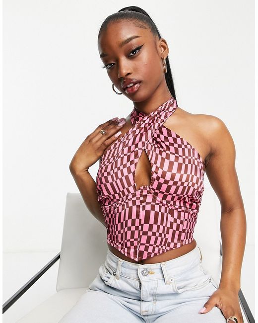 Missguided satin halter neck corset top in checkerboard part of a set