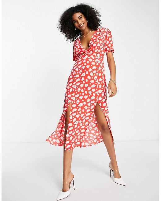 French Connection midi dress with tie waist in smudge print