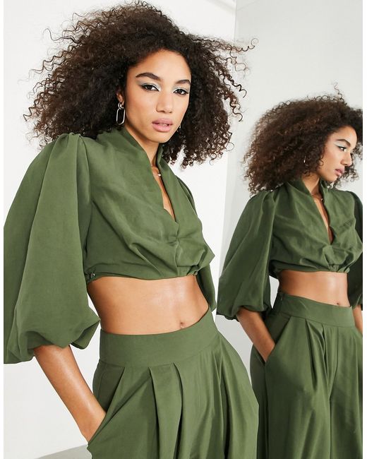 ASOS Edition full pleated sleeve halterneck top in olive
