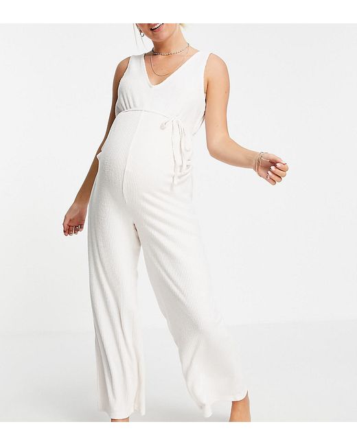 ASOS Maternity DESIGN Maternity mix match lounge super soft rib jumpsuit with waist tie in ecru-