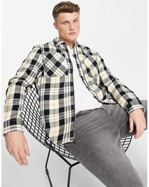 Selected Homme zip overshirt in cream and black check-