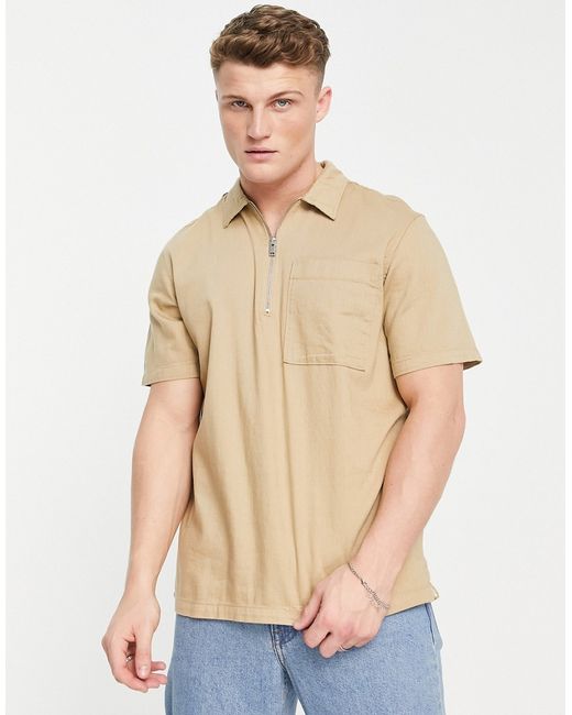 Selected Homme short sleeve half zip shirt in sand-
