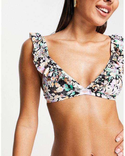 Pieces frill detail plunge neck bikini top in black floral part of a set-