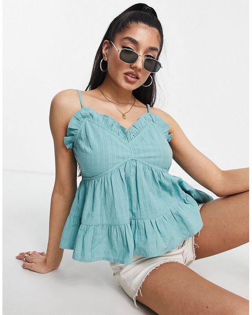 Asos Design textured smock sun top with ruffle detail in sage-