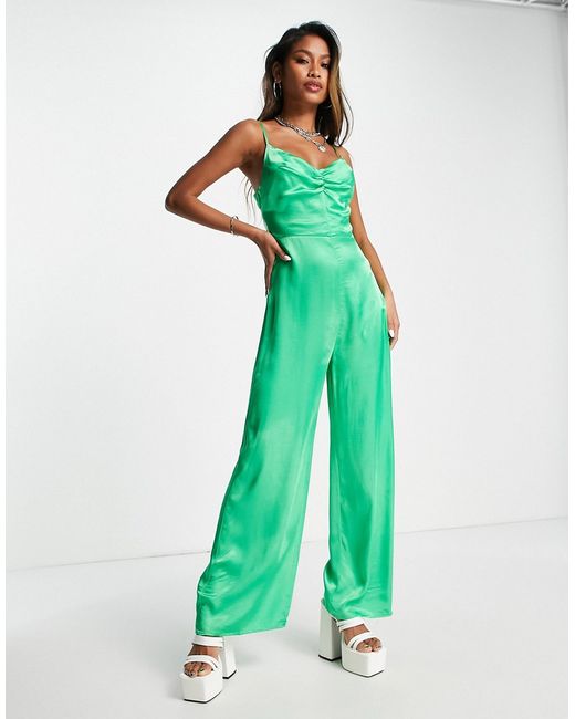 Bershka ruched detail satin jumpsuit in bright