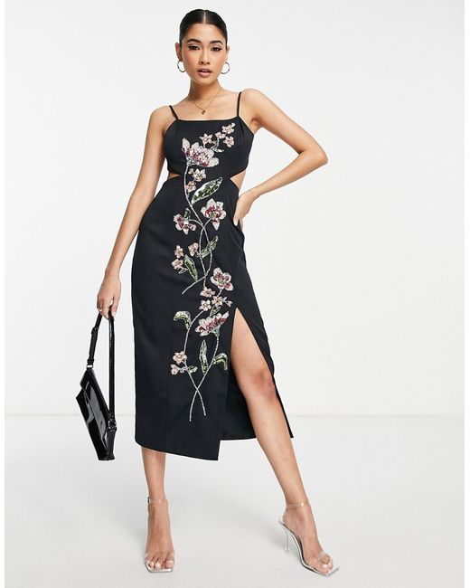Asos Design structured midi dress with stencil floral embellishment in black-