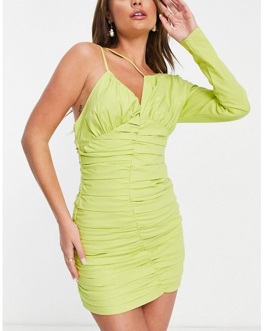 Simmi Clothing Simmi strappy one shoulder ruched mini dress in lime-