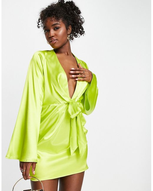 In The Style x Perrie Sian exclusive knot front shirt dress in lime-