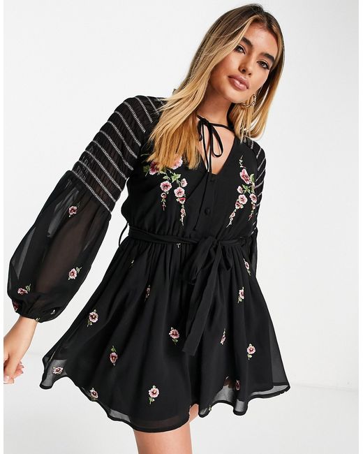 Asos Design shirred sleeve button through mini dress with floral embroidery-