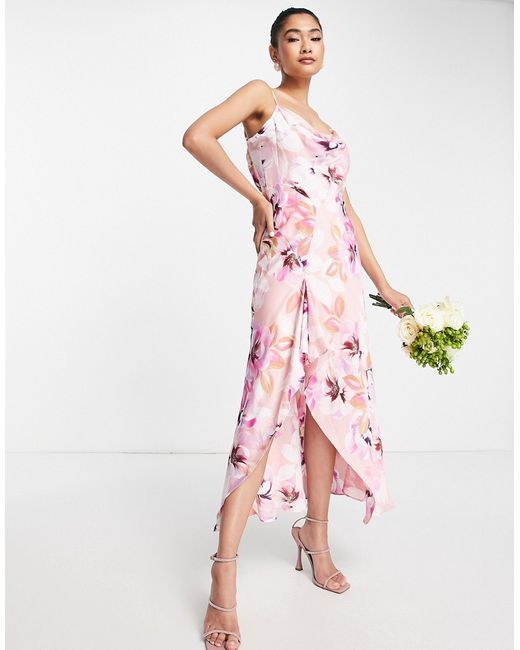 Liquorish Bridesmaid editorial satin slip dress with frill detail in pastel floral-