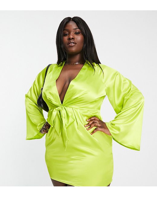In The Style Plus x Perrie Sian exclusive knot front shirt dress in lime-
