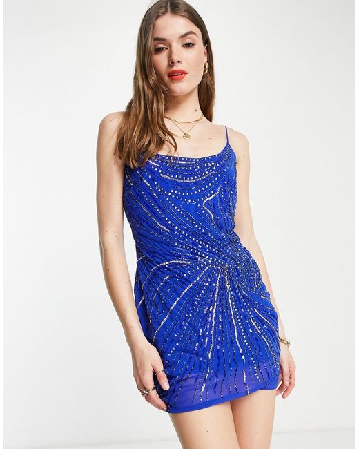 Asos Design linear embellished mini dress in cobalt-