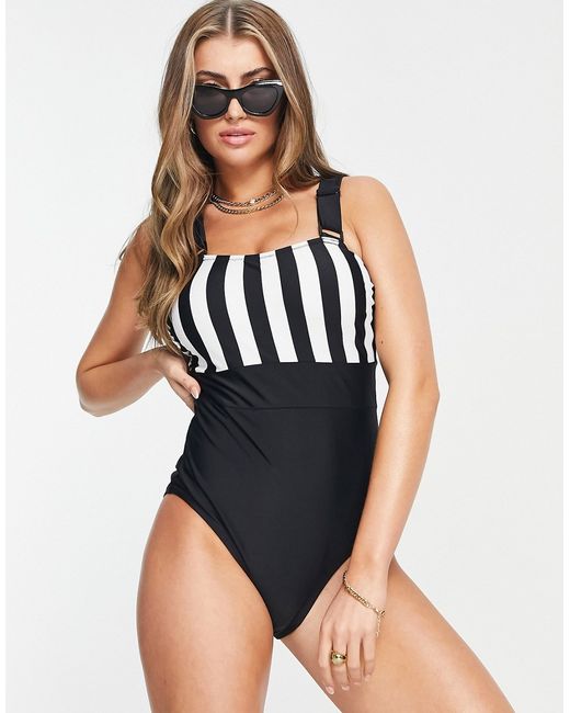 Pour Moi Fuller Bust control swimsuit in black white stripe-