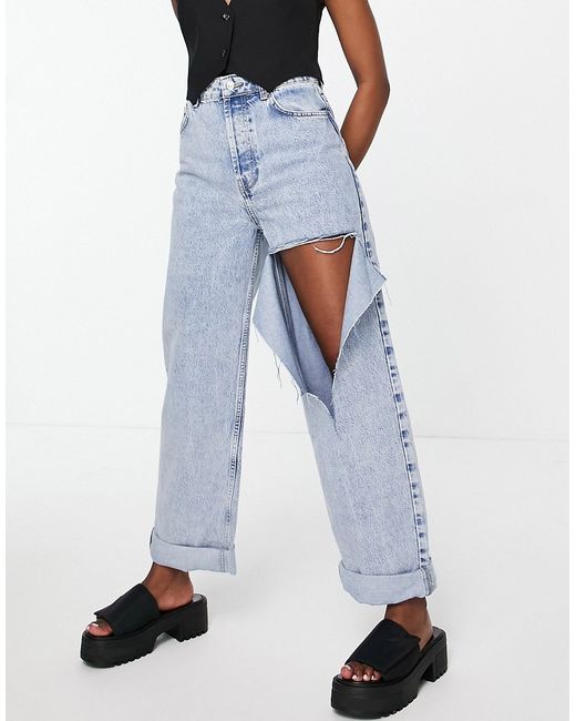 TopShop oversized recycled cotton blend mom jeans with rip in bleach-