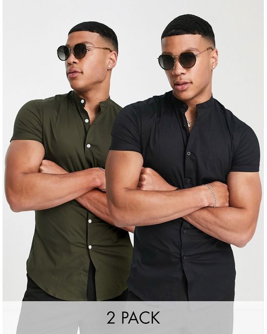 Asos Design 2-pack skinny shirts with grandad collar in khaki/black-