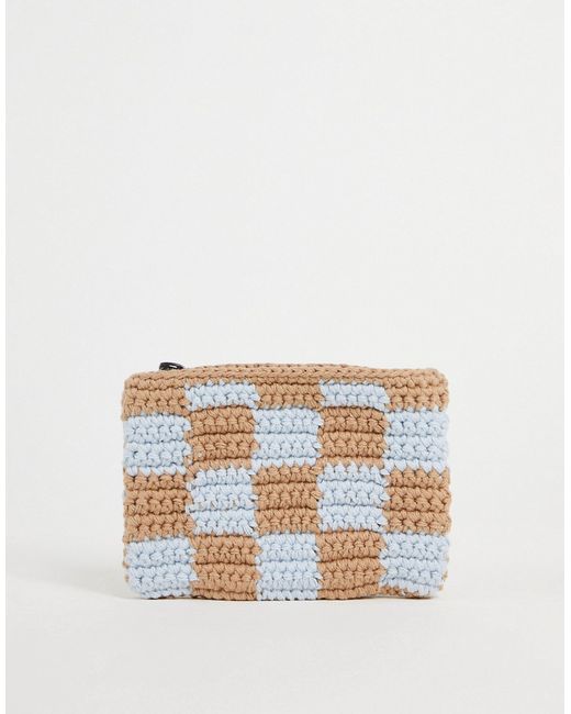 Asos Design knit coin pouch in beige and blue plaid design-