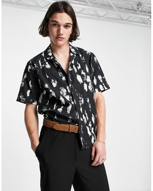 Twisted Tailor fiske camp collar shirt in with white print