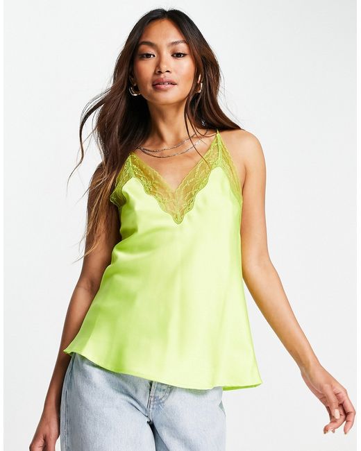 Asos Design satin cami with lace neck and waist insert in lime