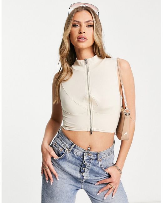 Simmi Clothing Simmi high neck plunge front crop top in stone part of a set-