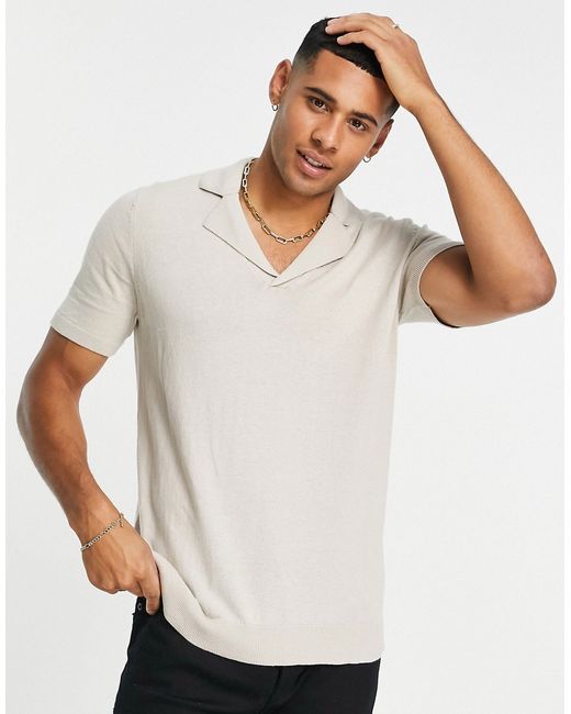 Asos Design knitted revere polo shirt in pale