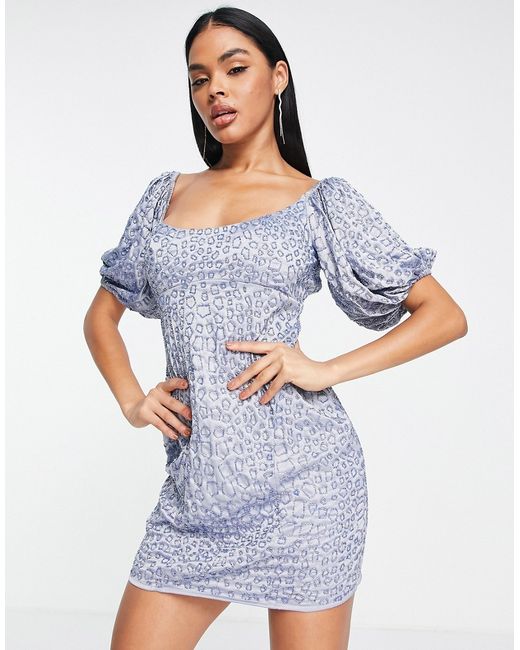 Asos Design embellished mini dress with puff sleeve detail in smokey blue-