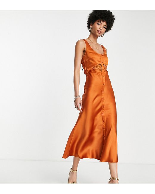 Asos Design Tall bias satin midi dress with delicate lace detail and button through in rust-