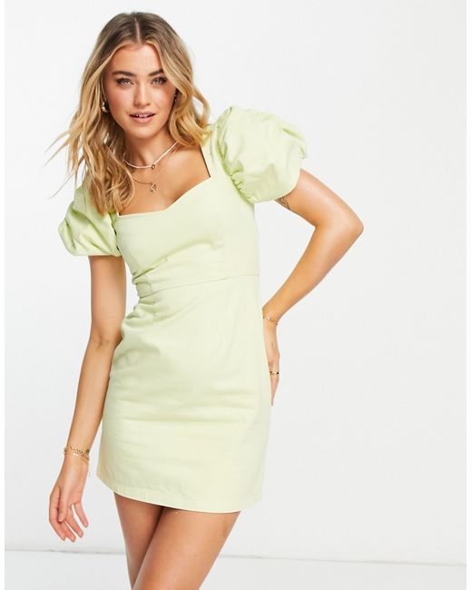 Asos Design denim puff sleeve dress in citron-