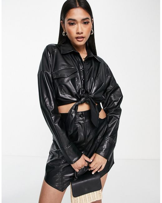 Asos Design PU tie front shirt in part of a set