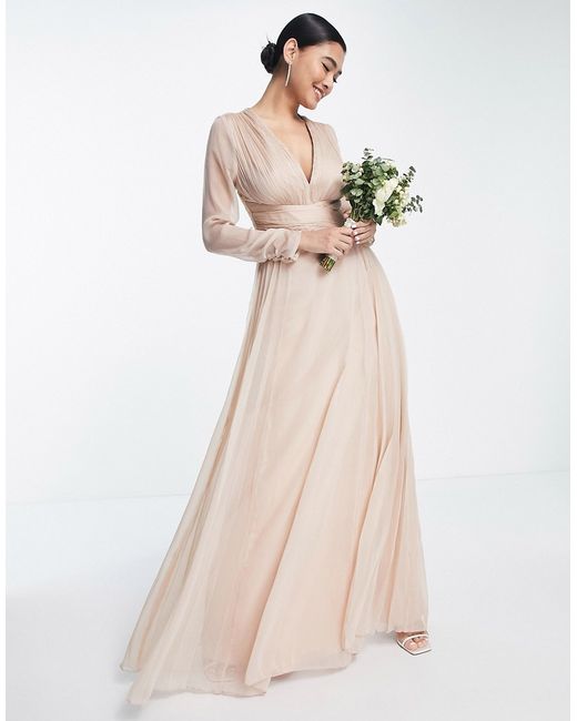 Asos Design Bridesmaid ruched waist maxi dress with long sleeves and pleat skirt-