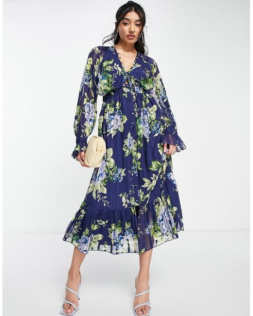 Asos Design satin stripe midi dress with blouson sleeve and button detail in navy floral print-