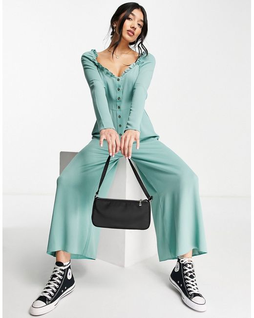 Asos Design bubble crepe long sleeve milkmaid tea jumpsuit in dark sage-