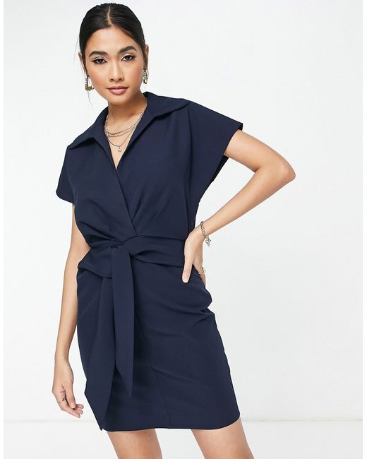 Asos Design collared wrap front mini dress with knot in