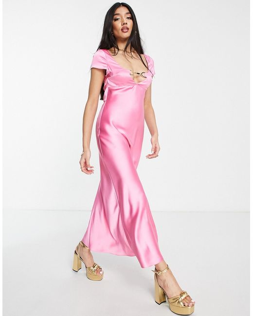 Asos Design cap sleeve satin maxi dress with buckle detail in