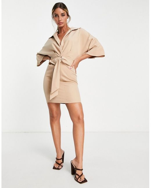 Asos Design collared wrap front batwing mini dress with knot in stone-