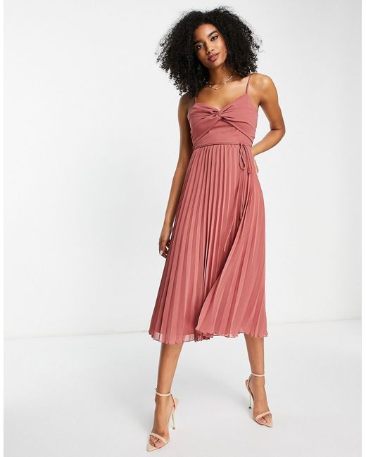Asos Design twist front pleated cami midi dress with belt in rose