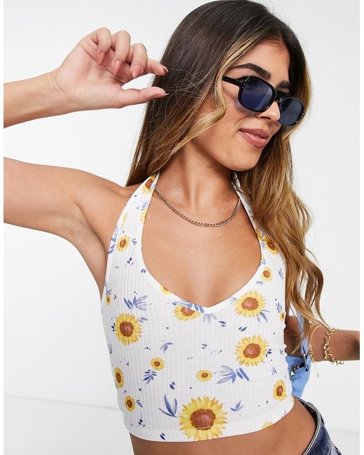 Glamorous halter neck crop ribbed top in sunflower part of a set-