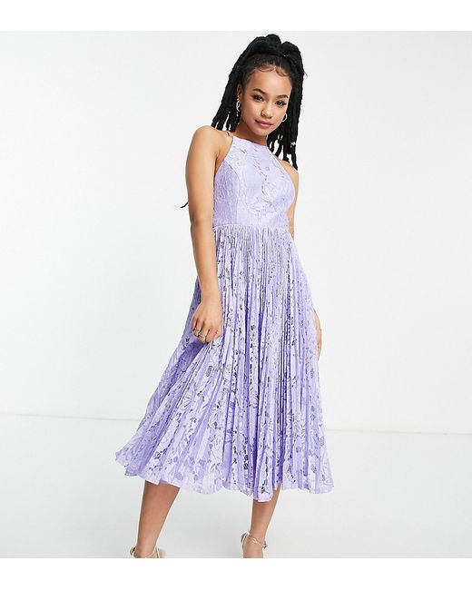 ASOS Petite DESIGN Petite pinny midi prom dress in lilac pleated lace-