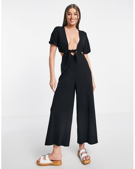 Asos Design deep v jumpsuit with puff sleeve in