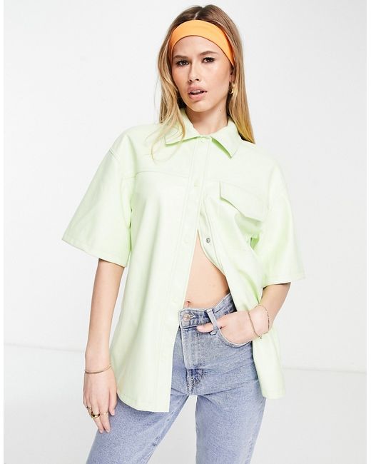 TopShop faux leather short sleeve shirt in lime-
