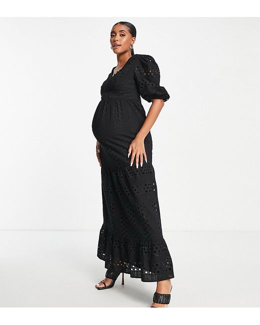 ASOS Maternity DESIGN Maternity Premium plunge eyelet tiered midi dress with button neck in