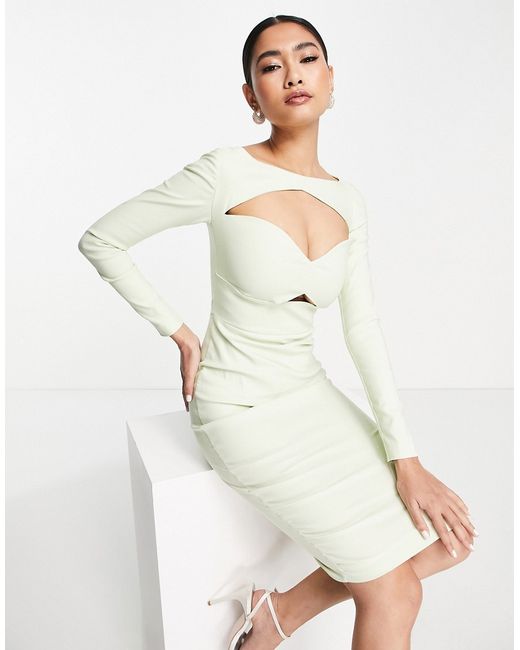 Vesper long sleeve structured midi dress in soft lime-