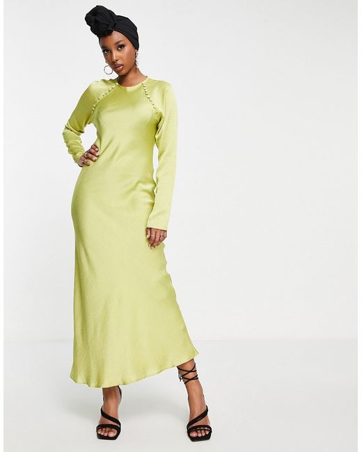 Asos Design satin biased maxi dress with button detail in lime-
