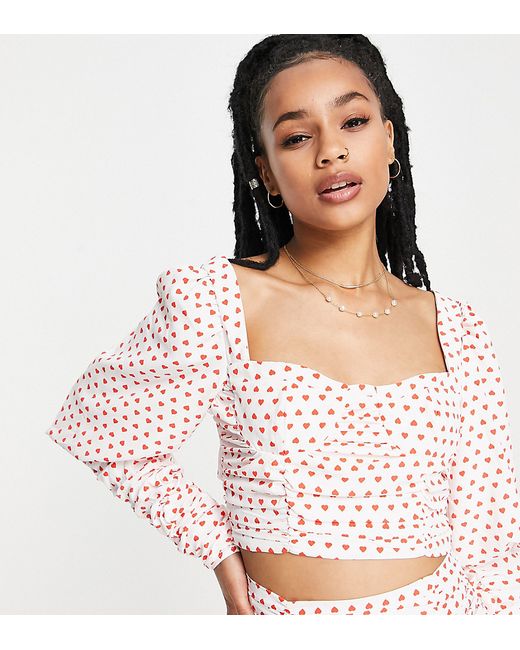 Collective The Label Petite exclusive bow back crop top in ditsy heart print part of a set-
