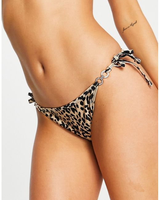 New Look tie side bikini bottom in leopard print