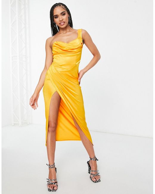 Asos Design one shoulder satin drape corset detail midi dress in Radiant Yellow-