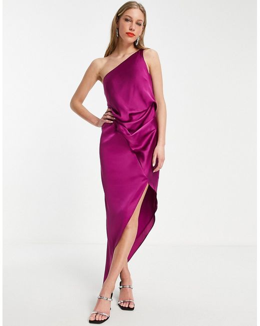 Asos Design satin one shoulder drape midi dress in mauve-