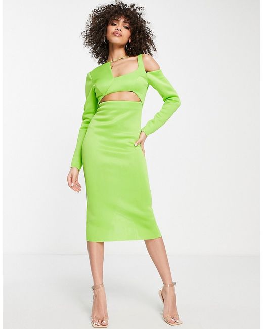 Asos Design long sleeve asymmetric cut out midi dress in lime