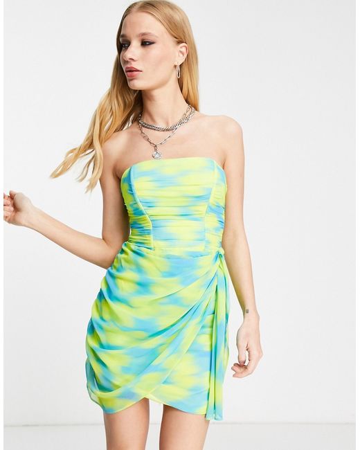 Bershka ruched tie up side bandeau dress in mixed print-