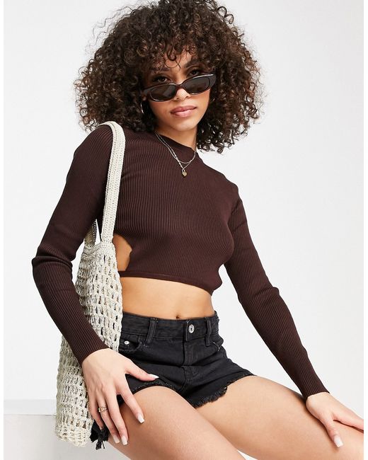 Missguided tie back crop top in chocolate-